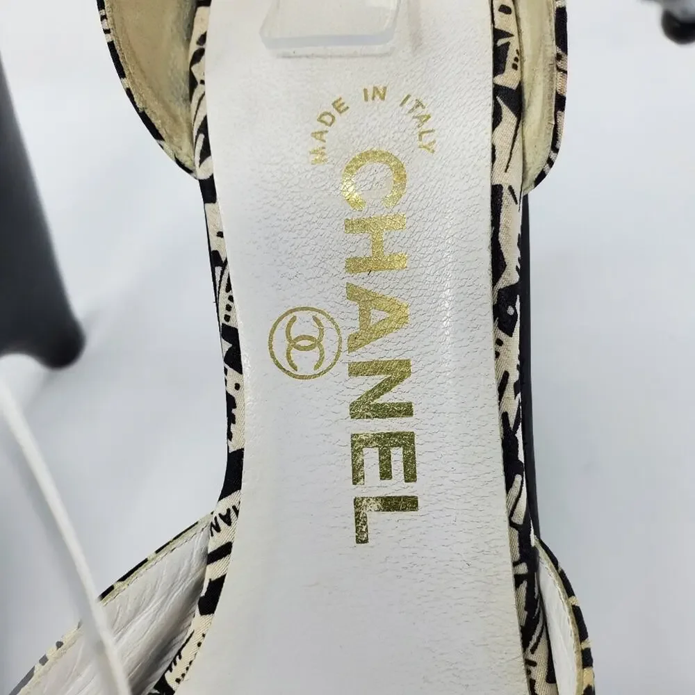 Chanel Canvas Platform Wedge Sandals Ankle Wrap-Around Straps Black White Y2K